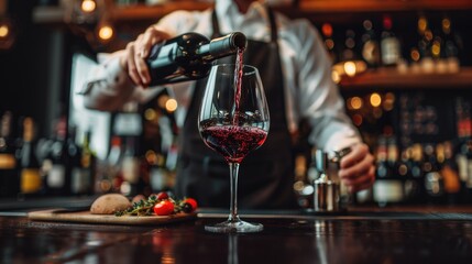 Wine waiter pouring red wine into a wine glass for wine travellers at wine bar in New York