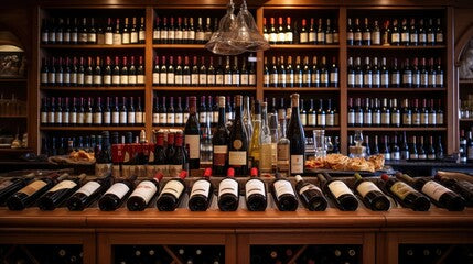 Extensive wine cellar with multiple shelves containing wine in background, wine selection with wine cabinet and wine accessories in foreground