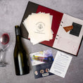 Load image into Gallery viewer, Open wine journal with wine bottle wine glass and wine label remover kit
